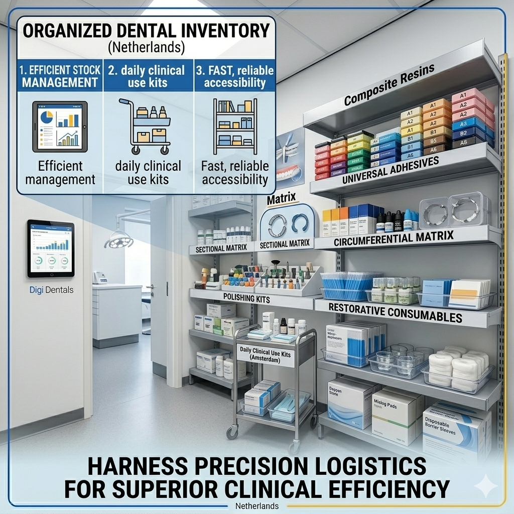 A modern dental clinic inventory room with organized shelves containing composite resins, universal adhesives, matrix systems, polishing kits, and restorative consumables prepared for daily clinical use.