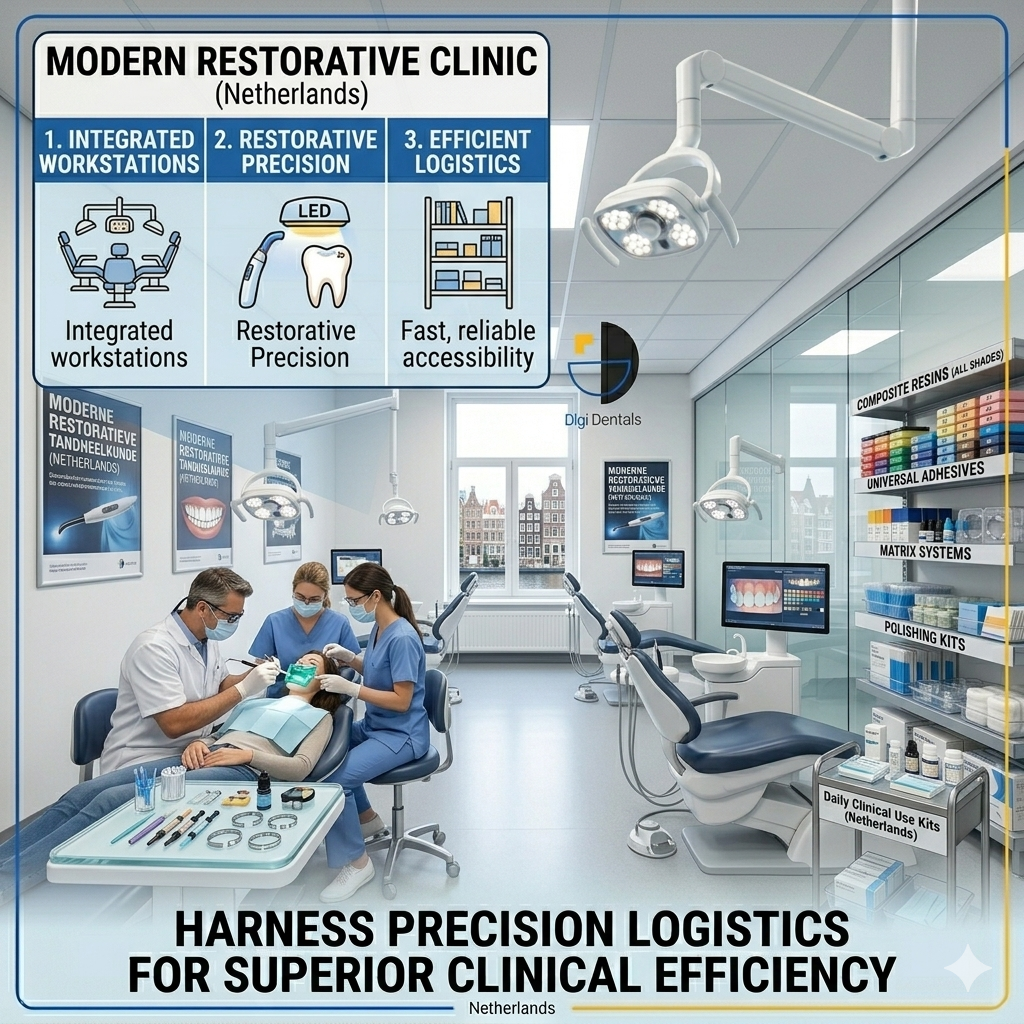 Modern multi-chair dental clinic with restorative workstations showing composite materials, LED curing lights, matrix systems, polishing kits, and organized inventory shelves.
