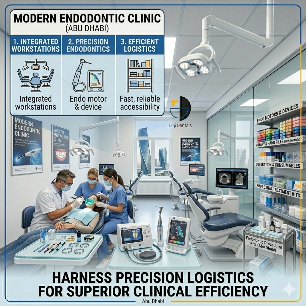 Modern endodontic treatment room with rotary files, endo motor, apex locator, and organized endodontic consumables prepared for efficient root canal treatment.