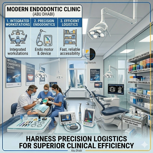 Modern endodontic treatment room with rotary files, endo motor, apex locator, and organized endodontic consumables prepared for efficient root canal treatment.