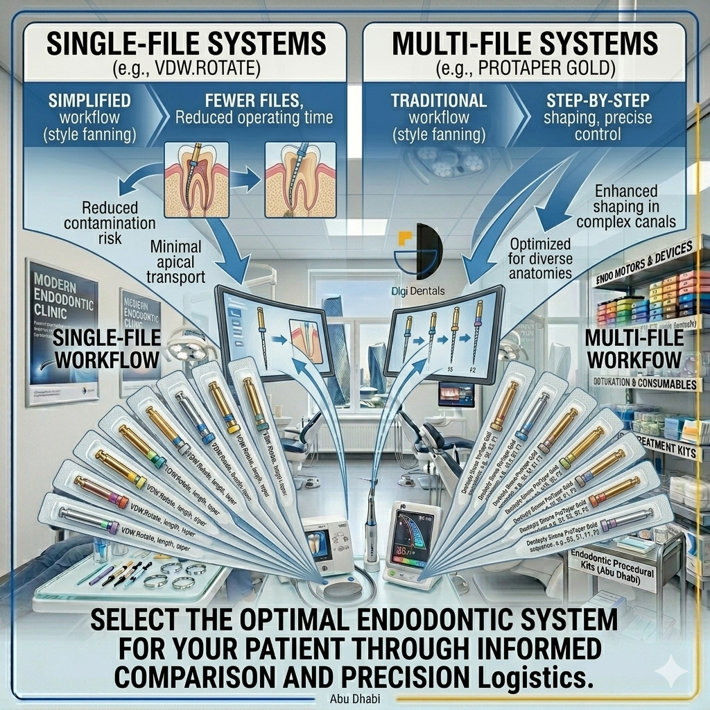 Side-by-side comparison of single-file and multi-file endodontic rotary systems displayed on a modern dental workstation with an endo motor, highlighting different instrumentation workflows used in contemporary dental clinics.