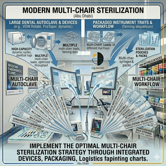 Modern sterilization room in a multi-chair dental clinic featuring a large dental autoclave, packaged instrument trays, sterilization pouches, and organized infection control workflow.