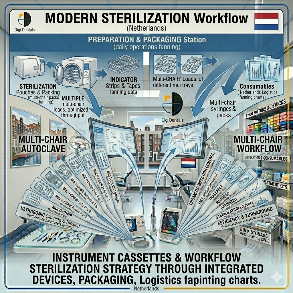 Modern dental sterilization room with sterilization pouches, indicator strips, distilled water, instrument cassettes, and organized consumables ready for daily clinical operations.