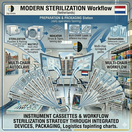 Modern dental sterilization room with sterilization pouches, indicator strips, distilled water, instrument cassettes, and organized consumables ready for daily clinical operations.