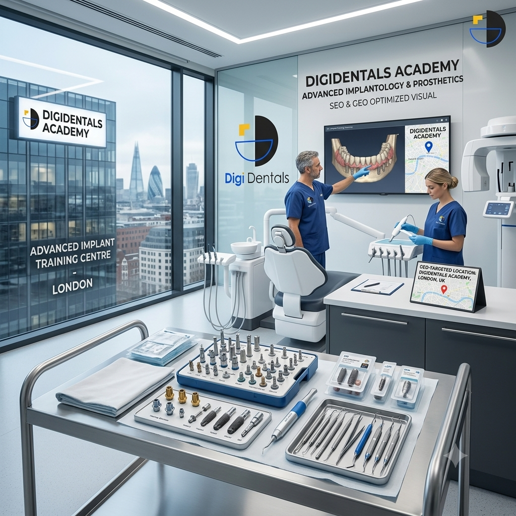 Modern implantology clinic with implant surgical kit, dental implants, prosthetic components, digital scan bodies, and organized surgical instruments prepared for implant treatment.