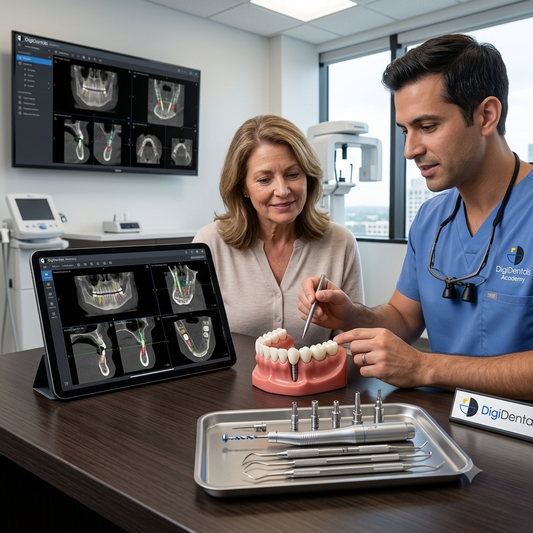 Modern implant consultation scene showing a dental model with a single implant crown beside a three-unit implant bridge, accompanied by digital implant planning software and surgical instruments.