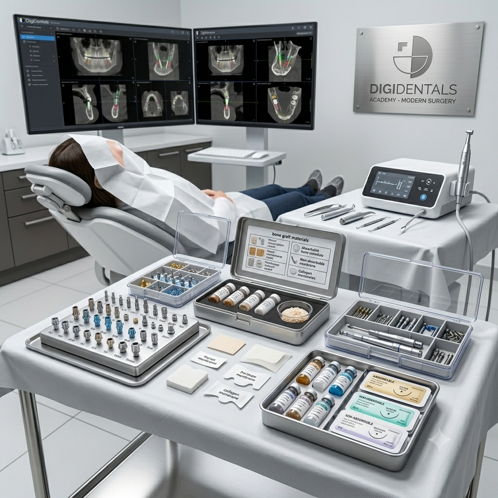Modern implant surgery setup displaying healing abutments, impression copings, scan bodies, bone graft materials, membranes, sutures, and organized implant consumables in a professional dental clinic.