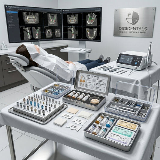 Modern implant surgery setup displaying healing abutments, impression copings, scan bodies, bone graft materials, membranes, sutures, and organized implant consumables in a professional dental clinic.