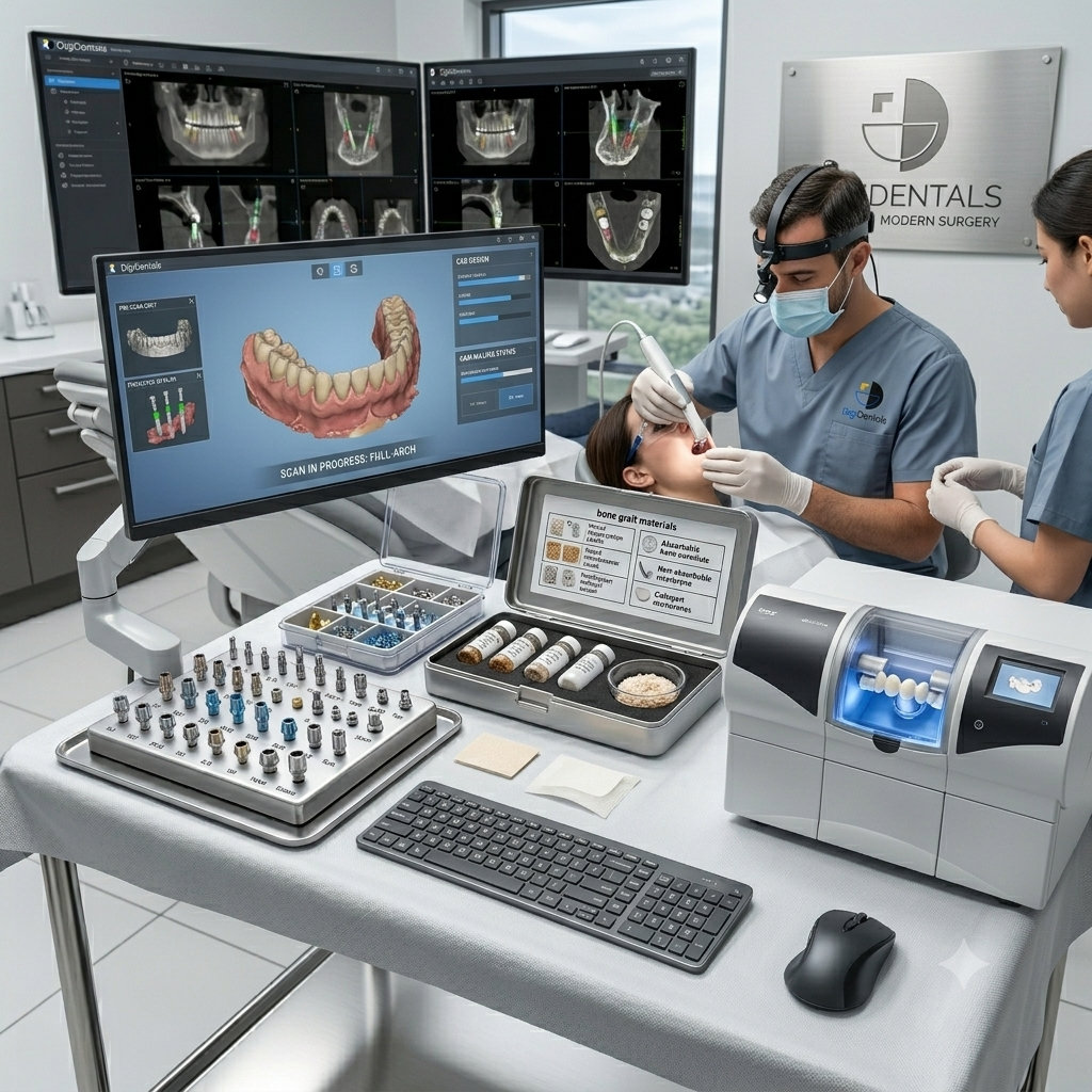 Modern digital dental clinic using an intraoral scanner to capture a full-arch scan, with a large screen displaying a 3D dental model and integrated CAD/CAM workflow.