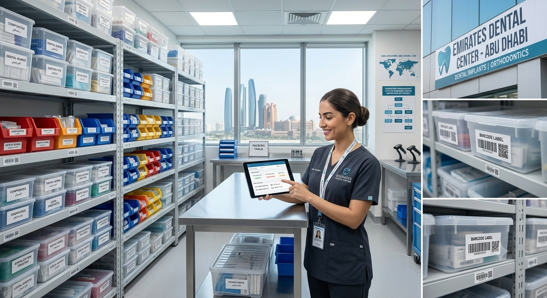 Dental clinic inventory room with organized shelves of consumables, labeled storage bins, barcode inventory tracking, and a clinic manager reviewing stock levels on a tablet to reduce waste and improve efficiency.