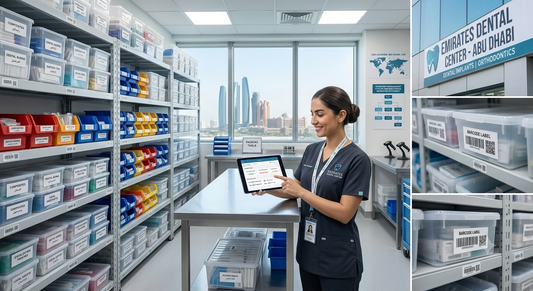 Dental clinic inventory room with organized shelves of consumables, labeled storage bins, barcode inventory tracking, and a clinic manager reviewing stock levels on a tablet to reduce waste and improve efficiency.