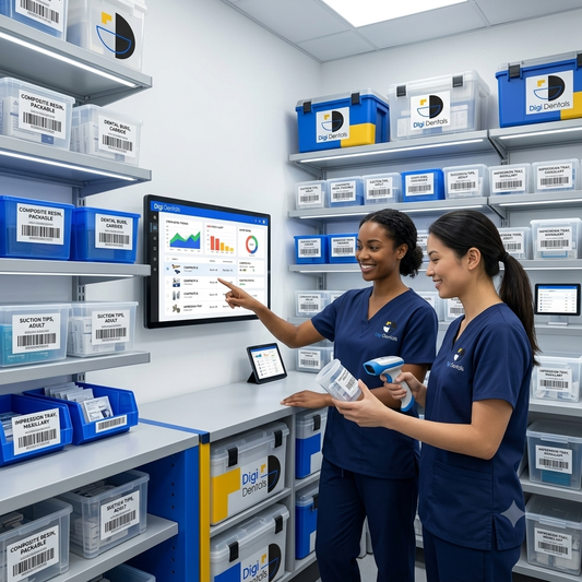 Dental clinic storeroom with organized shelves, labeled consumables, barcode inventory tracking system, and clinic staff reviewing stock levels on a digital inventory management dashboard.