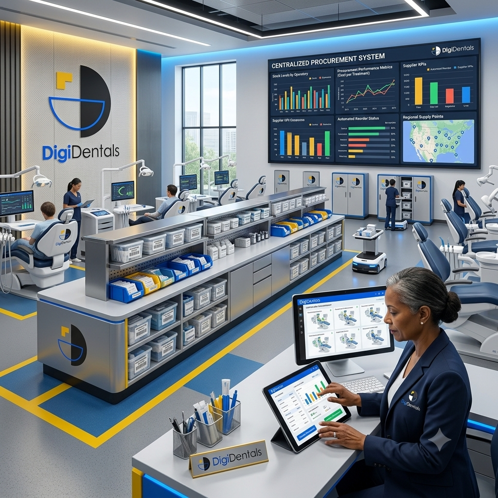 Large multi-chair dental clinic with centralized inventory management, organized storage systems, procurement dashboard, and clinic manager analyzing purchasing performance and stock levels.