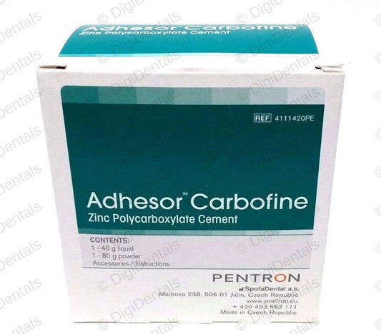 A white and teal box of Pentron Adhesor Carbofine Zinc Polycarbonate Cement, shown on a plain white background.