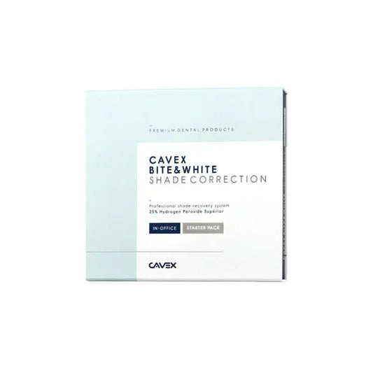 Cavex Bite & White Shade Correction in-office starter pack box, featuring a clean white and pale mint blue design with black text.
