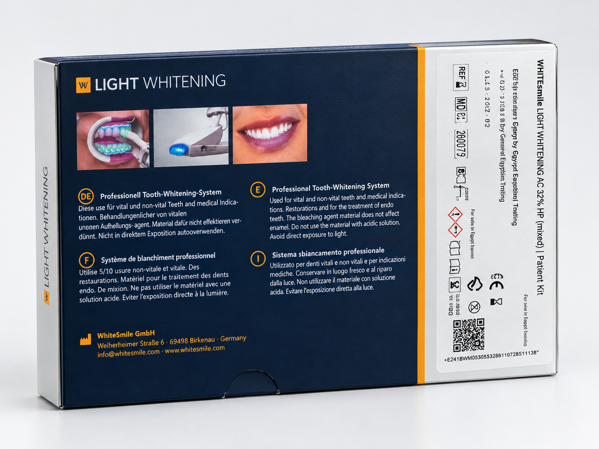 Whitelande Light Whitening AC 230V/240V IP Frenzkonditioners professional tooth whitening system retail packaging box, featuring dark blue and orange design with product details and instructions.
WHITEsmile Light Whitening professional tooth bleaching kit packaging for in-office cosmetic dentistry
