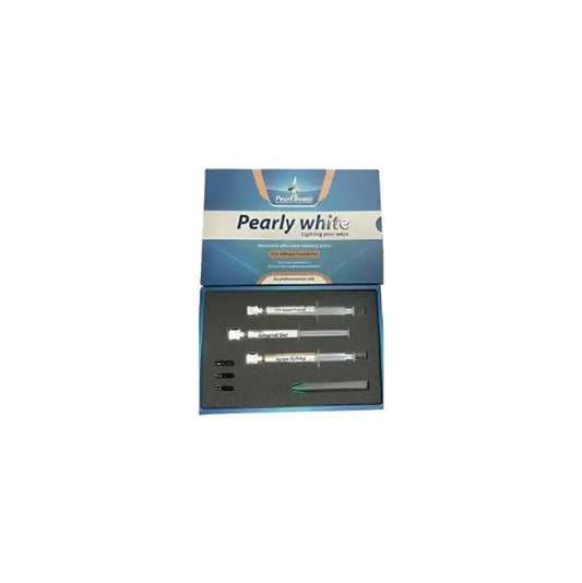 Pearly White Light Activating Gel kit by Dermabrite, featuring the blue and white retail box above an open black foam tray holding three syringes and a green applicator tip, on a plain white background.
Pearly White professional in-office dental tooth bleaching kit packaging for cosmetic dentistry