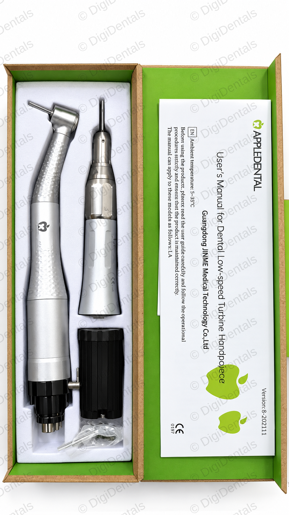 Apple Dental low-speed contra-angle handpiece with push-button chuck and E-type connection.