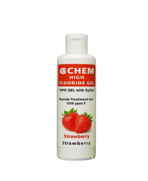 High fluoride gel strawberry B-Chem 220 ml bottle for professional dental fluoride application
