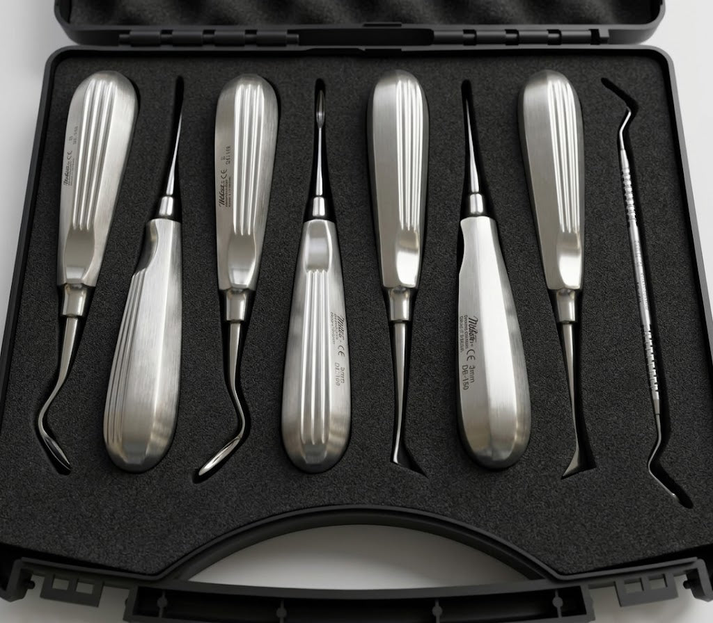 Mitex 8-piece stainless steel root elevator kit with curved fluted and T-bar elevators in rigid carry case for dental extraction procedures.
