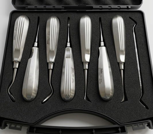 Mitex 8-piece stainless steel root elevator kit with curved fluted and T-bar elevators in rigid carry case for dental extraction procedures.