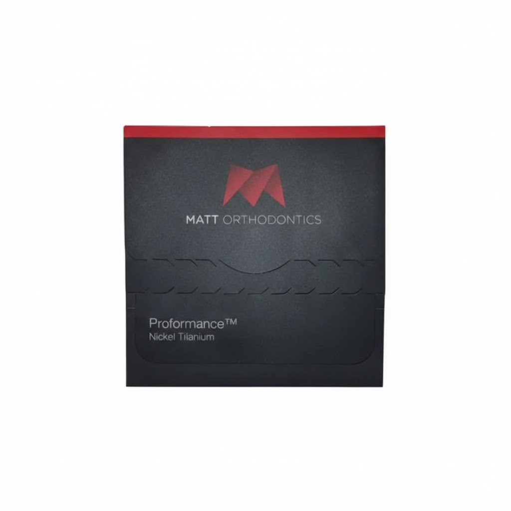 Pack of 5 Matt Ortho PROFormance reverse curve NiTi round archwires for bite correction.