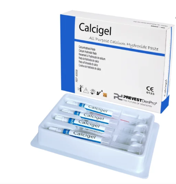 Calcigel temporary root canal filling calcium hydroxide paste packaging for dental use