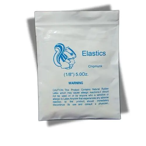 Pack of 100 orthodontic intraoral latex elastics for braces and bite correction.
