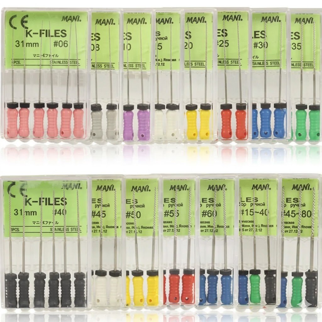 Mani original manual K-file Japanese stainless steel endodontic hand file pack of 6 pieces for root canal negotiation patency and manual canal preparation in endodontic procedures