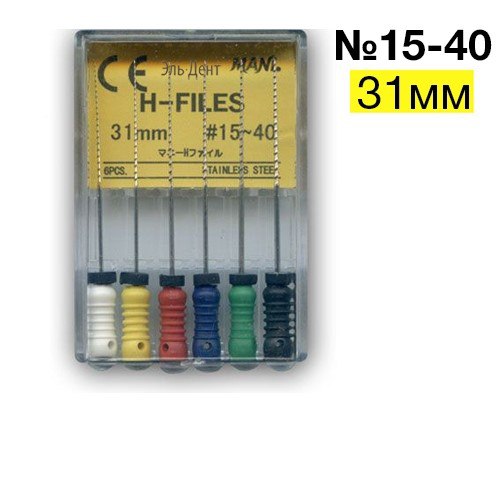 Mani original manual H-file Hedström Japanese stainless steel endodontic hand file pack of 6 pieces for root canal enlargement dentinal wall refinement and debris removal in endodontic procedures