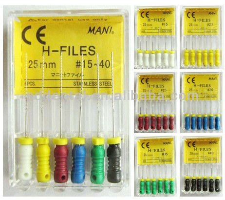 Mani manual H-file Hedström stainless steel endodontic hand file pack of 6 pieces for root canal enlargement dentinal wall refinement and debris removal in endodontic procedures