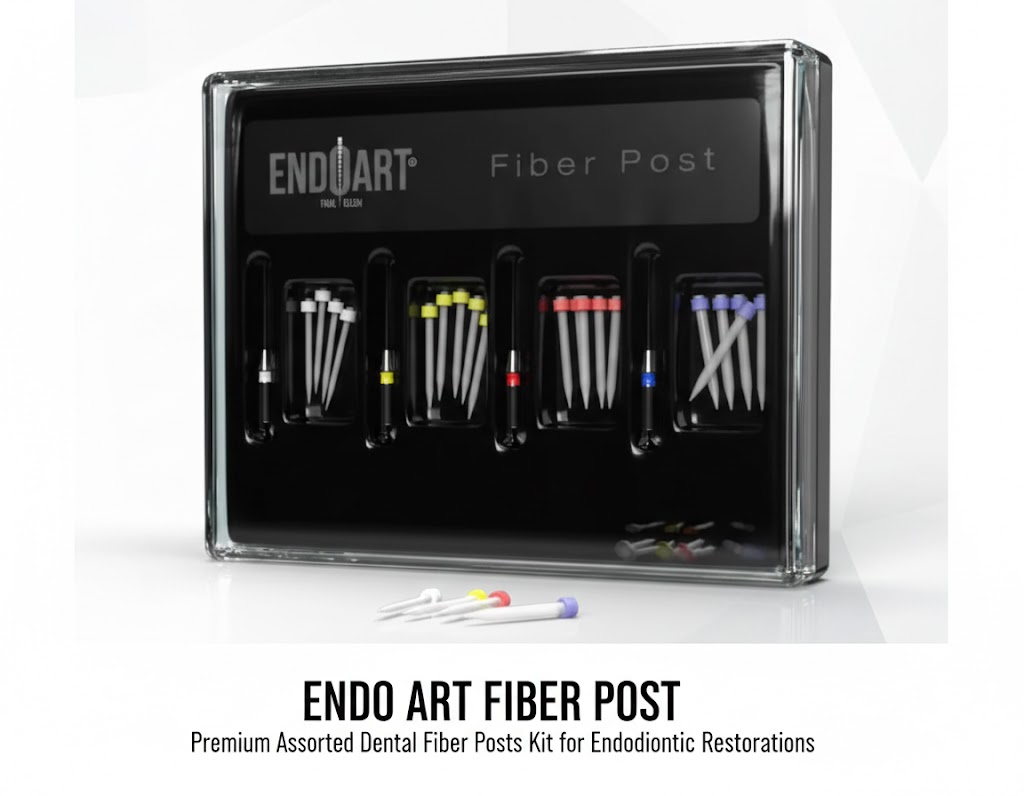 EndoArt fiber post kit with 20 posts and 4 drills for post and core restoration