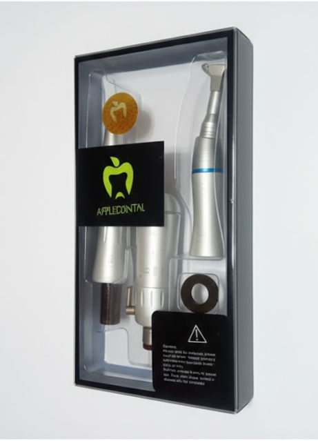 Apple Dental low-speed contra-angle handpiece with push-button chuck and E-type connection.