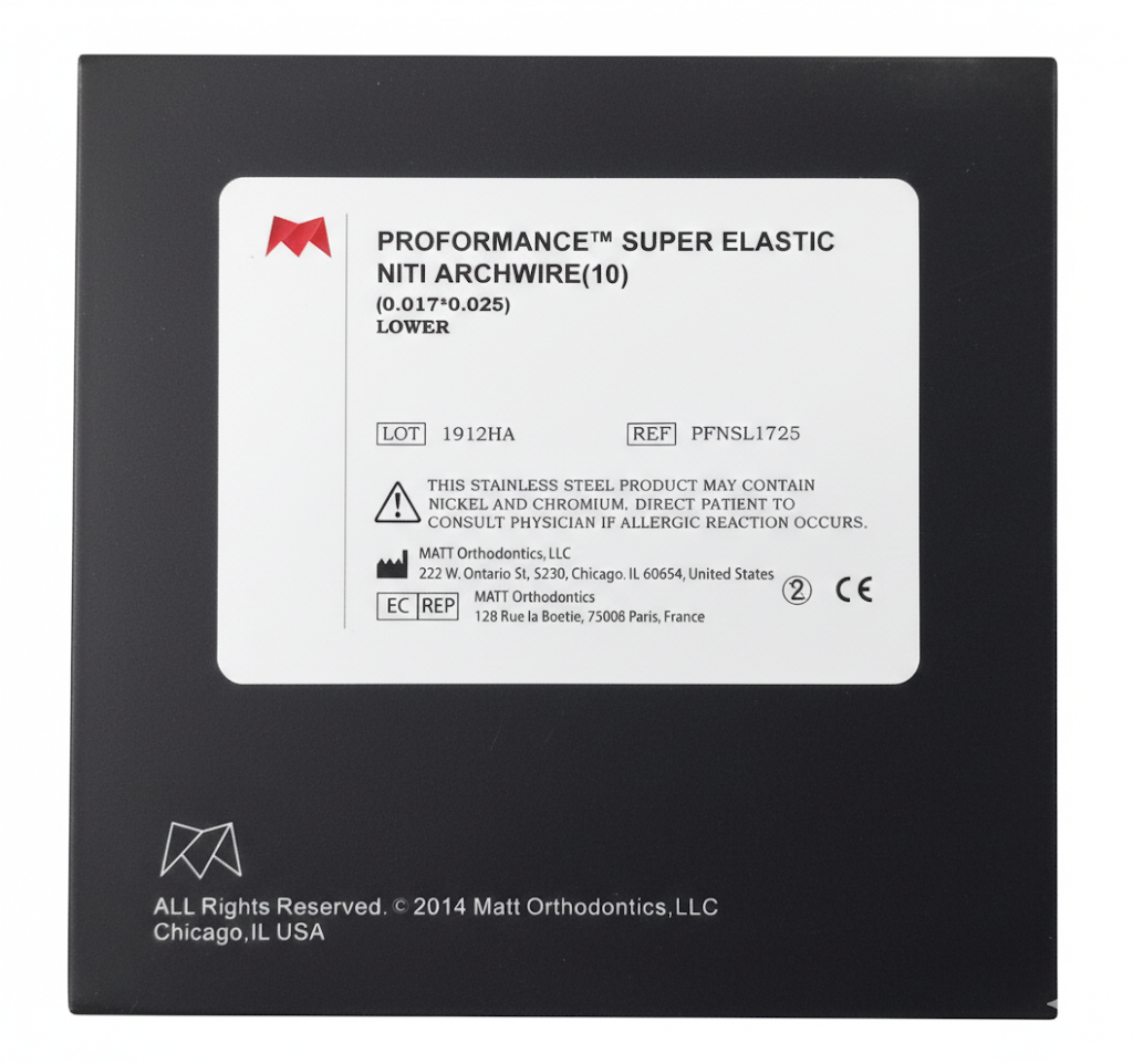 Packaging of Proformance Super Elastic Niti Archwire with Matt Orthodontics branding.