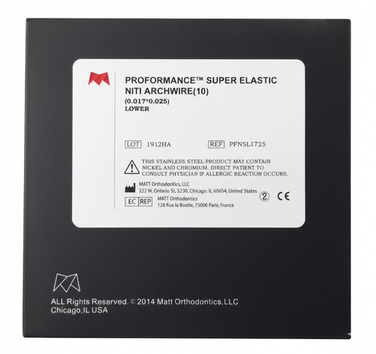 Packaging of Proformance Super Elastic Niti Archwire with Matt Orthodontics branding.