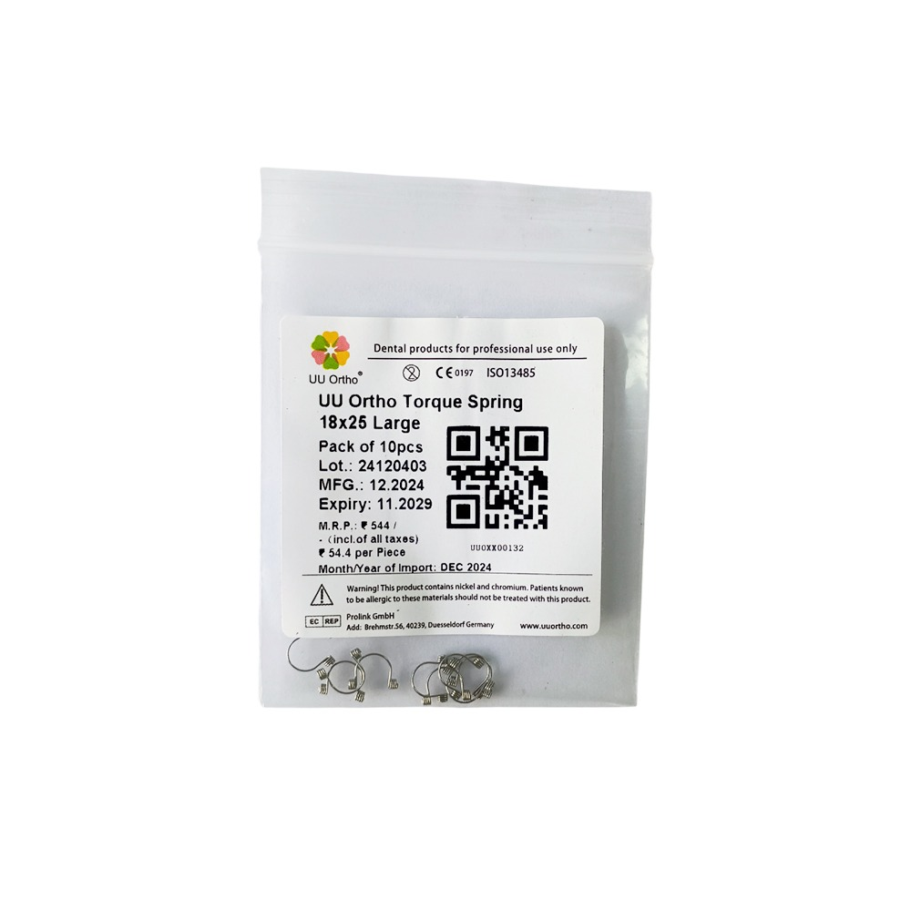 Packaged dental product with ULI Ortho Torque Spring on a white background
