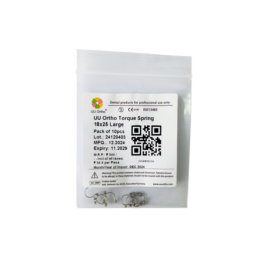Packaged dental product with ULI Ortho Torque Spring on a white background