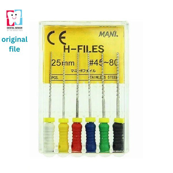 Mani original manual H-file Hedström Japanese stainless steel endodontic hand file pack of 6 pieces for root canal enlargement dentinal wall refinement and debris removal in endodontic procedures