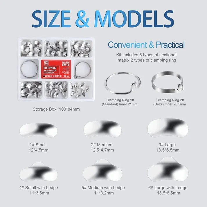 Product display of size and models with storage box dimensions and clamping ring types.