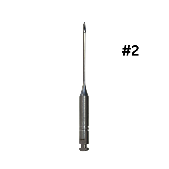 Dental tool with a long shaft and pointed tip on a white background, labeled '#2'.