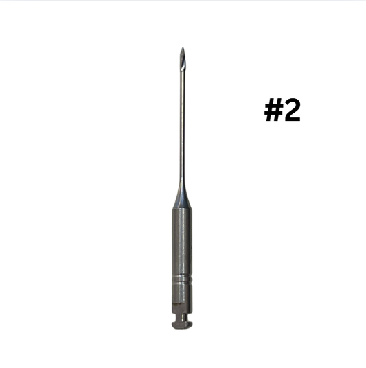 Dental tool with a long shaft and pointed tip on a white background, labeled '#2'.