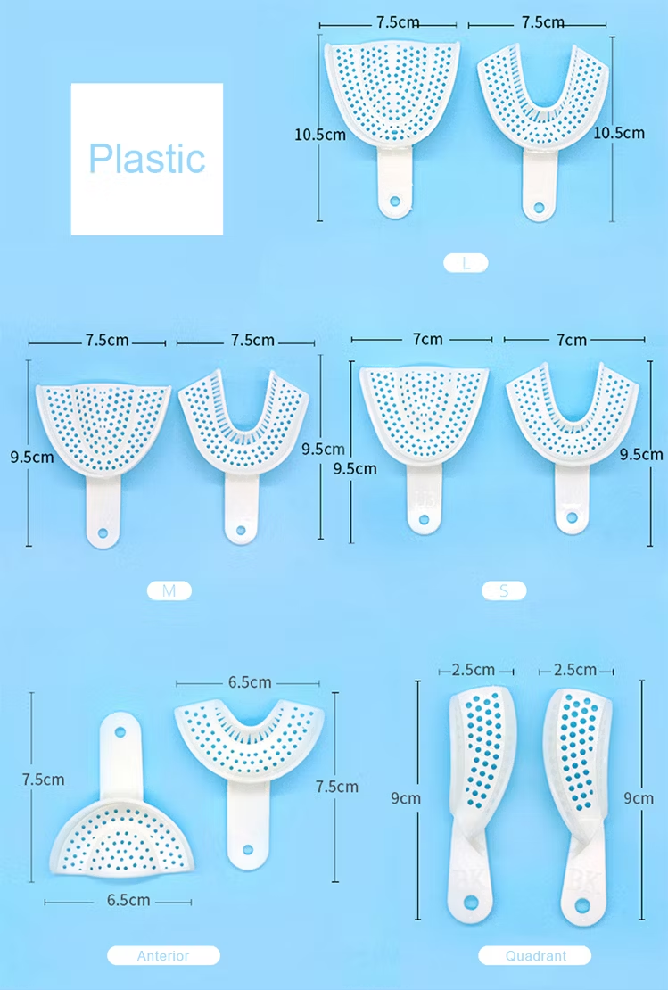 Set of white dental tools with measurements on a blue background