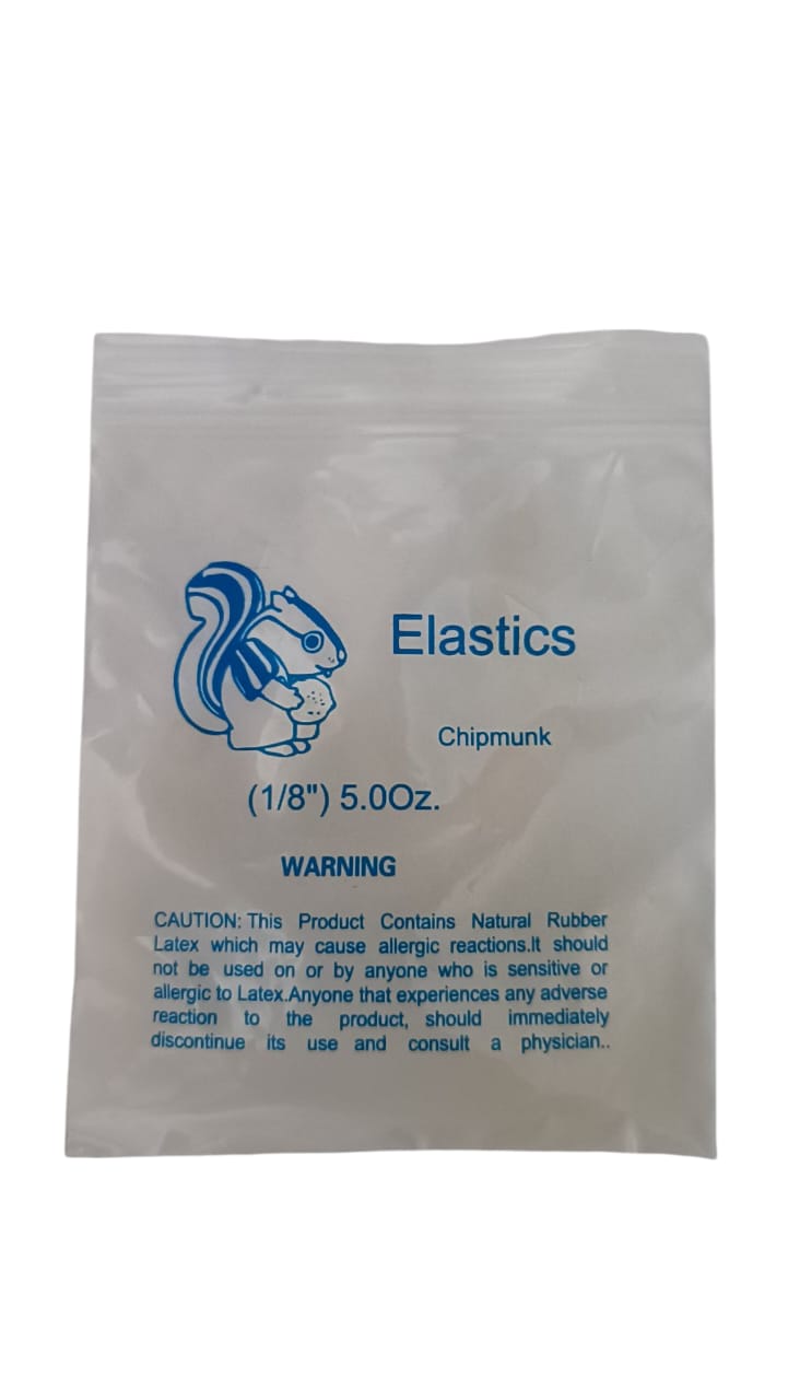 Package of elastics with a chipmunk logo and text on a white background