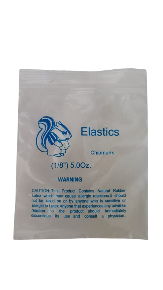 Package of elastics with a chipmunk logo and text on a white background