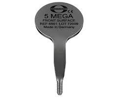 Metallic tool with '5 Mega' branding and text on a white background