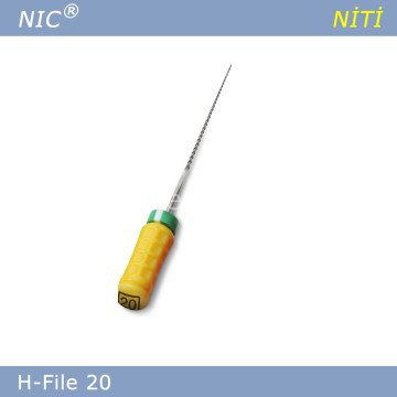 Yellow dental file with green cap on a white background, branded 'NIC' and 'Niti'.