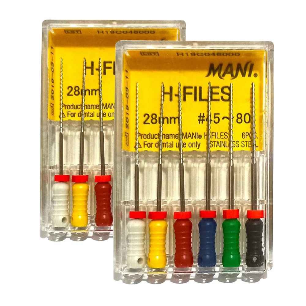 Mani original manual H-file Hedström Japanese stainless steel endodontic hand file pack of 6 pieces for root canal enlargement dentinal wall refinement and debris removal in endodontic procedures