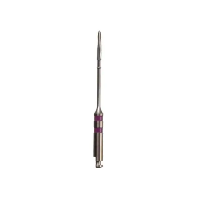 Dental tool with purple and silver design on a white background