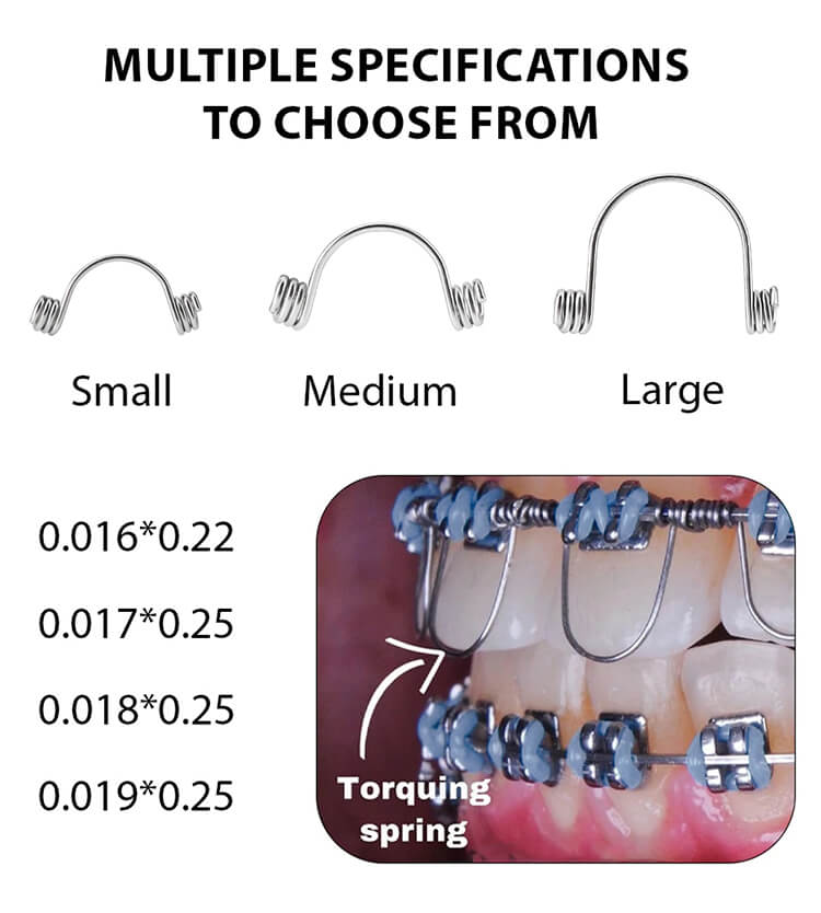 Orthodontic spring product with size options and a close-up of teeth with braces.