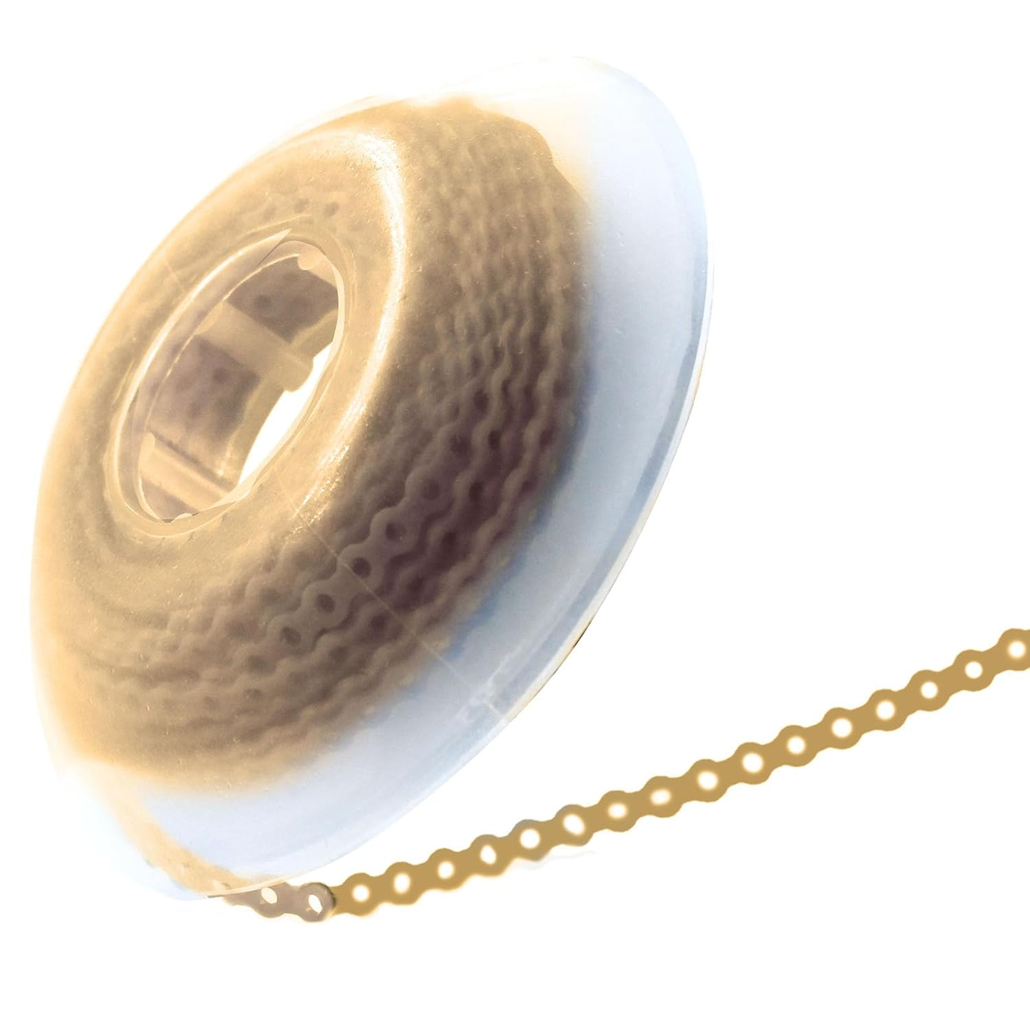 Gold chain with a textured gold disc on a white background
